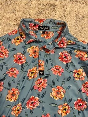 Bad Birdie Blue Floral Polo with Coral and Yellow